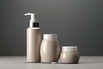  a bottle of lotion, a container of lotion, and a container of lotion on a gray surface with a shadow effect.  generative ai