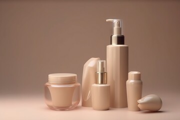  a bottle of cream, a bottle of lotion, a bottle of lotion and a bottle of lotion on a beige background.  generative ai