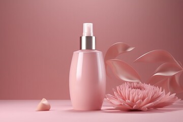 Obraz na płótnie Canvas a bottle of lotion next to a pink flower on a pink background with a pink flower in the foreground and a silver bottle of lotion in the foreground. generative ai