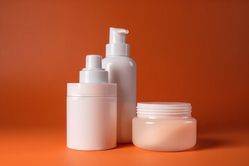  a bottle of lotion and a bottle of lotion on an orange background with a white cap on the top of the bottle and a white container on the bottom.  generative ai