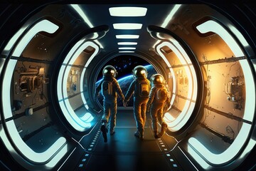 Astronauts leaving the cabin, a digital artwork, and science fiction illustrations. Generative AI