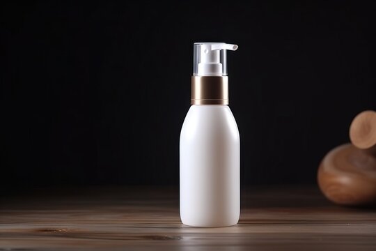  a bottle of lotion sitting on a wooden table next to a bottle of lotion on a black background with a wooden spoon in the foreground.  generative ai