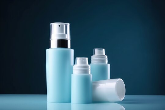  three bottles of different sizes and shapes on a blue surface with a reflection of the bottle on the floor and the bottle on the right.  generative ai