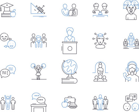 School and education outline icons collection. School, Education, Learn, Teach, Studying, Teachers, Student vector and illustration concept set. Class, Learning, Classes linear signs