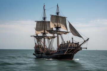 Obraz na płótnie Canvas pirate ship, with sails unfurled and gunports ready to fire, on journey across the open sea, created with generative ai