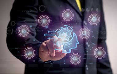 Businessman point at Touch Screen to operate Artificial Intelligence. AI concepts in Education, Industry, Music, Science, 