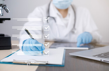 Female Doctor using Taking an assessment, questionnaire, evaluation, online survey, Prescription or...