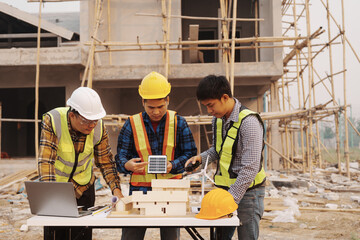 Team of engineer and worker checking construction site outdoors Surveyor builder Engineer surveying...