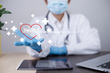 Medical business and health insurance, Doctor woman holding red heart shape in hand with medical icon modern network connection virtual and medical insurance , hospital, Service and Healthcare,