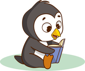 cute penguin reading a book vector illustration