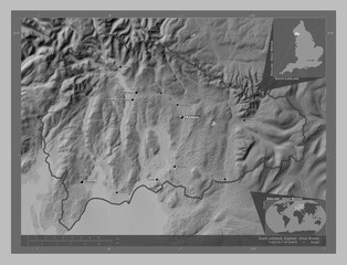 South Lakeland, England - Great Britain. Grayscale. Labelled points of cities