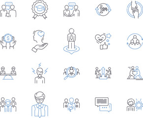 Team training outline icons collection. Team-building, Collaboration, Education, Coaching, Facilitation, Accountability, Motivation vector and illustration concept set. Communication, Productivity