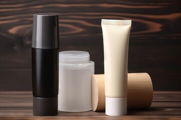  three different types of skin care products on a wooden surface with a wood background and a black and white container with a white lid and black cap.  generative ai