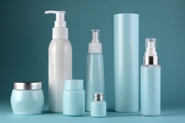Fototapeta na wymiar a group of bottles and containers with a lotion pump and lotion bottle on a blue surface with a green back ground and a light blue back ground. generative ai