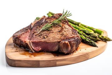  a piece of steak and asparagus on a wooden cutting board on a white background with a white background and a white background with a white background.  generative ai - obrazy, fototapety, plakaty