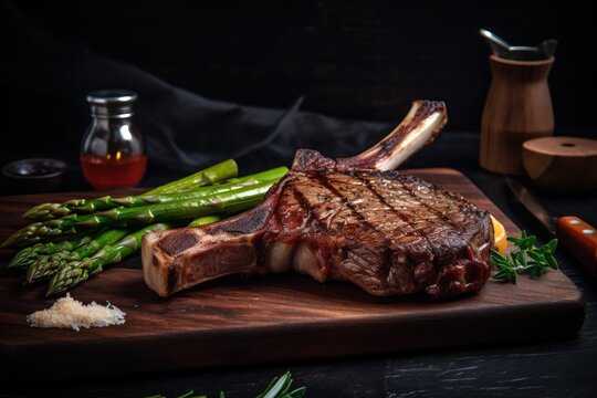  a steak and asparagus on a cutting board with a knife and a jar of sauce on the side of the cutting board and a knife on the side.  generative ai
