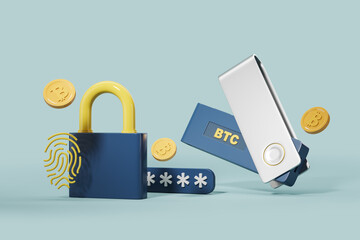 Crypto hardware wallet for bitcoin storage, padlock and security