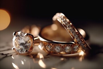  a couple of wedding rings with a diamond on top of it and a diamond on the bottom of the ring, on a table with a blurry background.  generative ai