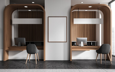 Stylish office bank interior with consulting area near window. Mockup frame