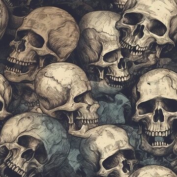  a bunch of skulls that are sitting in the dirt together on the ground, with one of the skulls in the middle of the picture.  generative ai