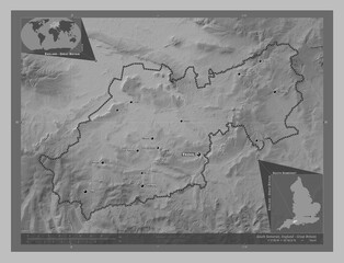 South Somerset, England - Great Britain. Grayscale. Labelled points of cities
