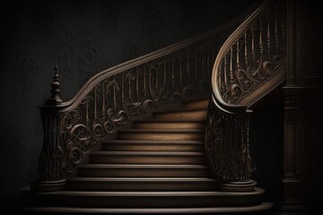 The stairs are made of dark brown wood. Generative AI