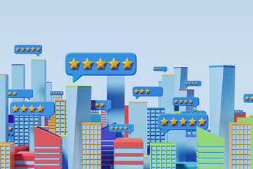 3d rendering. Cartoon city map and speech bubbles with feedback, online review