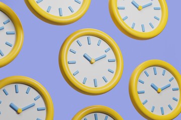 Pattern of clocks on blue background, concept of time
