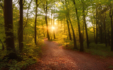 Obraz premium Enchanted Pathway: A Vibrant Journey Through the Woods