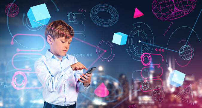 Boy with smartphone in metaverse in city