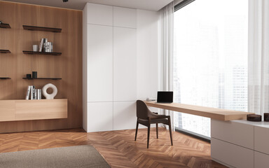 Modern home living room interior with workplace, decoration and panoramic window