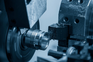 The multi-tasking CNC lathe machine swiss type finish cut the metal pipe parts.