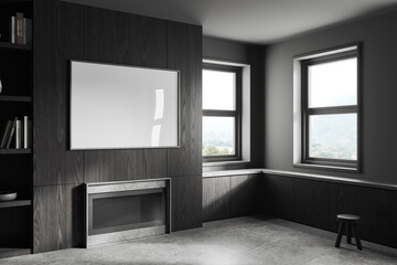 Gray and wooden living room with fireplace and poster