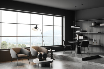 Grey relax room interior with armchairs and decor, dining corner and window