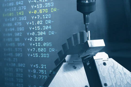 Abstract scene the 5-axis machining center cutting the water turbine blade part and G-code data background.