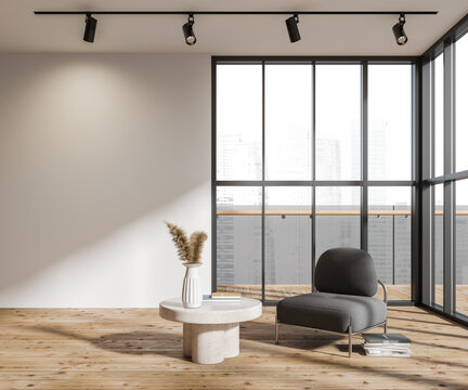 Modern living room interior with armchair and coffee table, window. Mockup wall