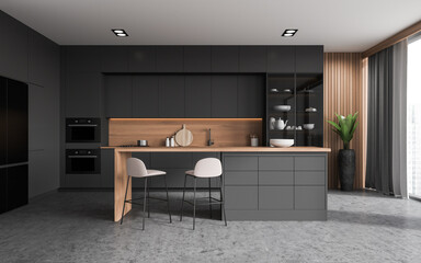 Gray and wooden kitchen interior with bar
