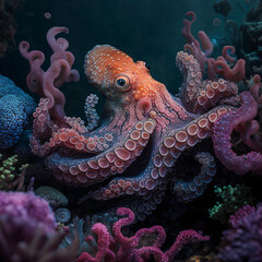 The octopus blending in with the coral reef. AI