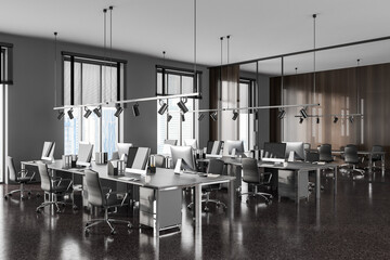 Grey office room interior with meeting and coworking zone, panoramic window