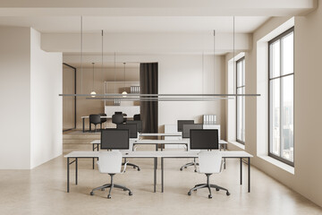 White open space office with meeting room