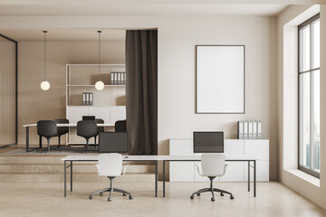 Cozy business room interior with coworking and conference zone. Mockup frame
