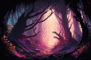 Magical, gloomy forest from a fairytale, neon sunset, and light coming through the trees. Fantasy woodland setting Illustration of moss in an unreal world. Generative AI