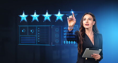 Businesswoman finger touch feedback hologram, giving five stars