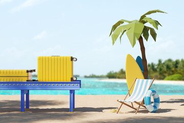 Beach with sunbed and accessories, suitcases on a conveyor belt