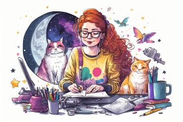 A joyful, cheerful woman with red hair who is writing sits on a yellow moon in space with floating blue and purple clouds, stars, a cat, and an owl while wearing pink overalls and glasses for work. al