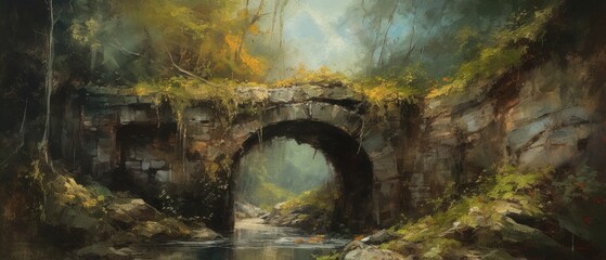 Ancient stone archway bridge in ruins, last remnants of mossy stone built architecture, weathered and eroded almost beyond recognition in a long forgotten European fantasy forest - Generative AI