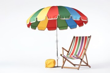  a beach chair and umbrella with a yellow bag under it.  generative ai