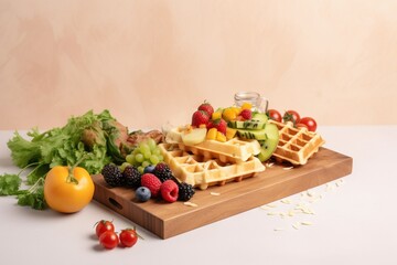  a wooden cutting board topped with waffles and fruit.  generative ai