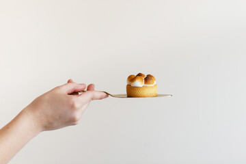 lemon tart with caramelized cream on a chef's spatula