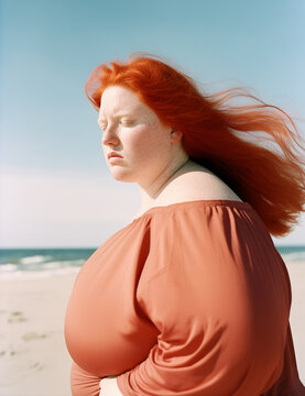 AI Generative. European redhaired plus size woman at the beach, Generative AI